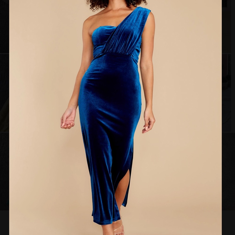 Red Dress Aura Velvet One Shoulder Maxi Dress